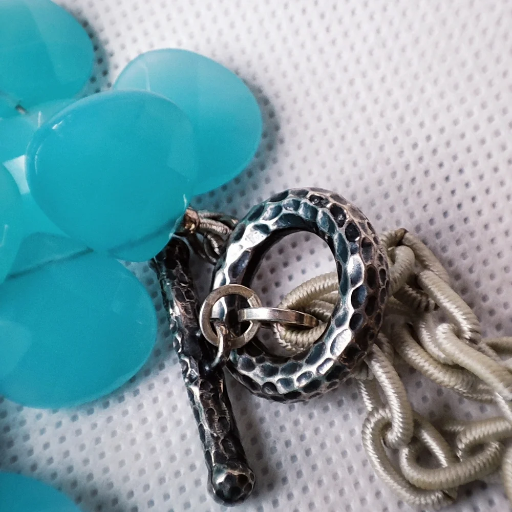 Faceted Glass Aqua Blue Teardrop 3 Strand Acrylic Beaded Necklace Silk Wrapped